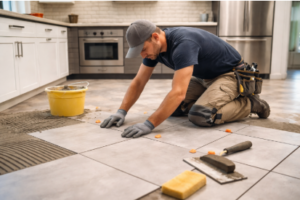 Professional Tile Installer in Auburn, ME, carefully placing large ceramic floor tiles with spacers in a modern kitchen installation project.