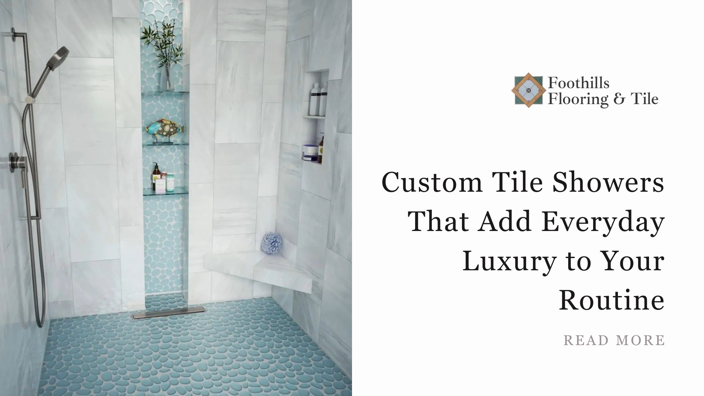 Bathroom shower with blue and white tiles with the business logo, blog title, and read more option.